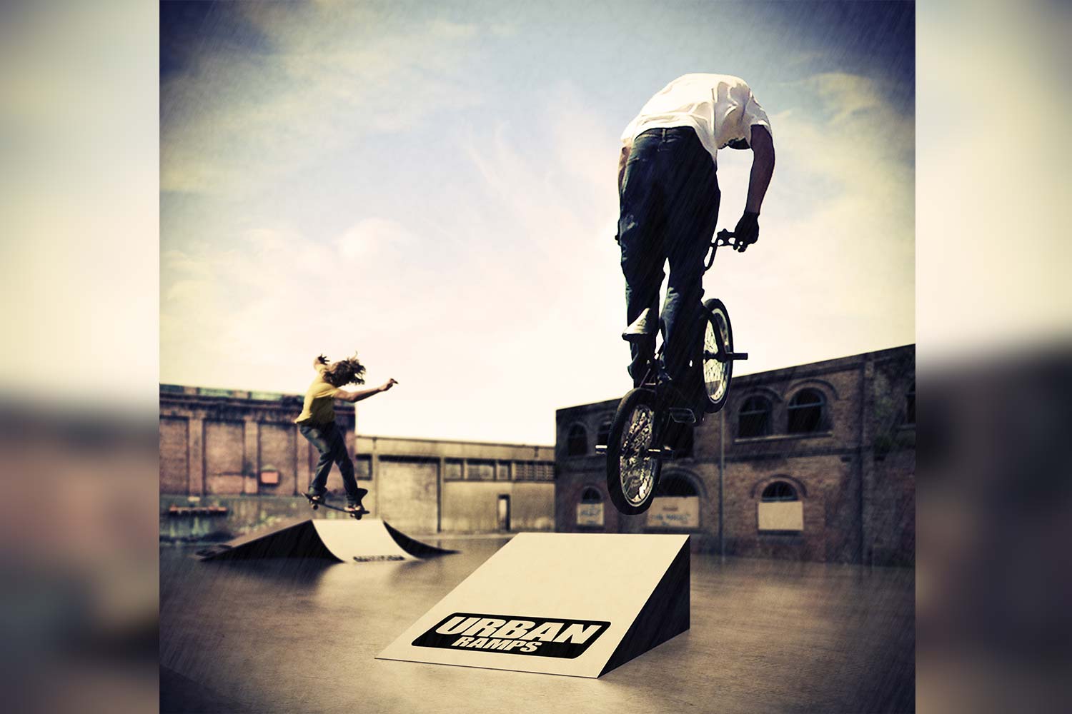 This is 3D rendered scene with photographs of a BMXer and Skater imposed on the shot.